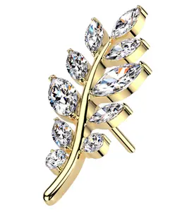 Gold PVD Olive Leaf Clear CZ Threadless Titanium Top