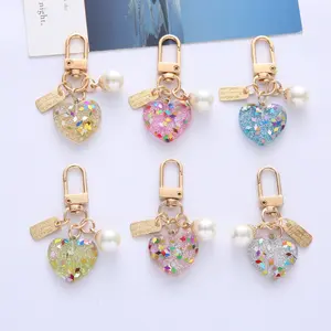 1PC Colored Heart-shaped Resin Keychain Pendant with Gold Metal Ring - Sparkling Rhinestone and Bead Design, Durable Resin Hanging Accessory Suitable for Headphone Cases, Bags, Keys - Women's Fashion Accessory, Cute Keychain Accessory, Bag Decoration