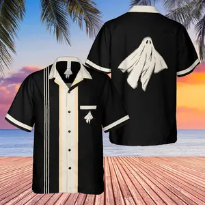 Hawaiian Shirt Halloween Ghost Bowling Print – Cuban Collar Aloha Button Up, Summer Vacation Outfit, Party Beach Shirt