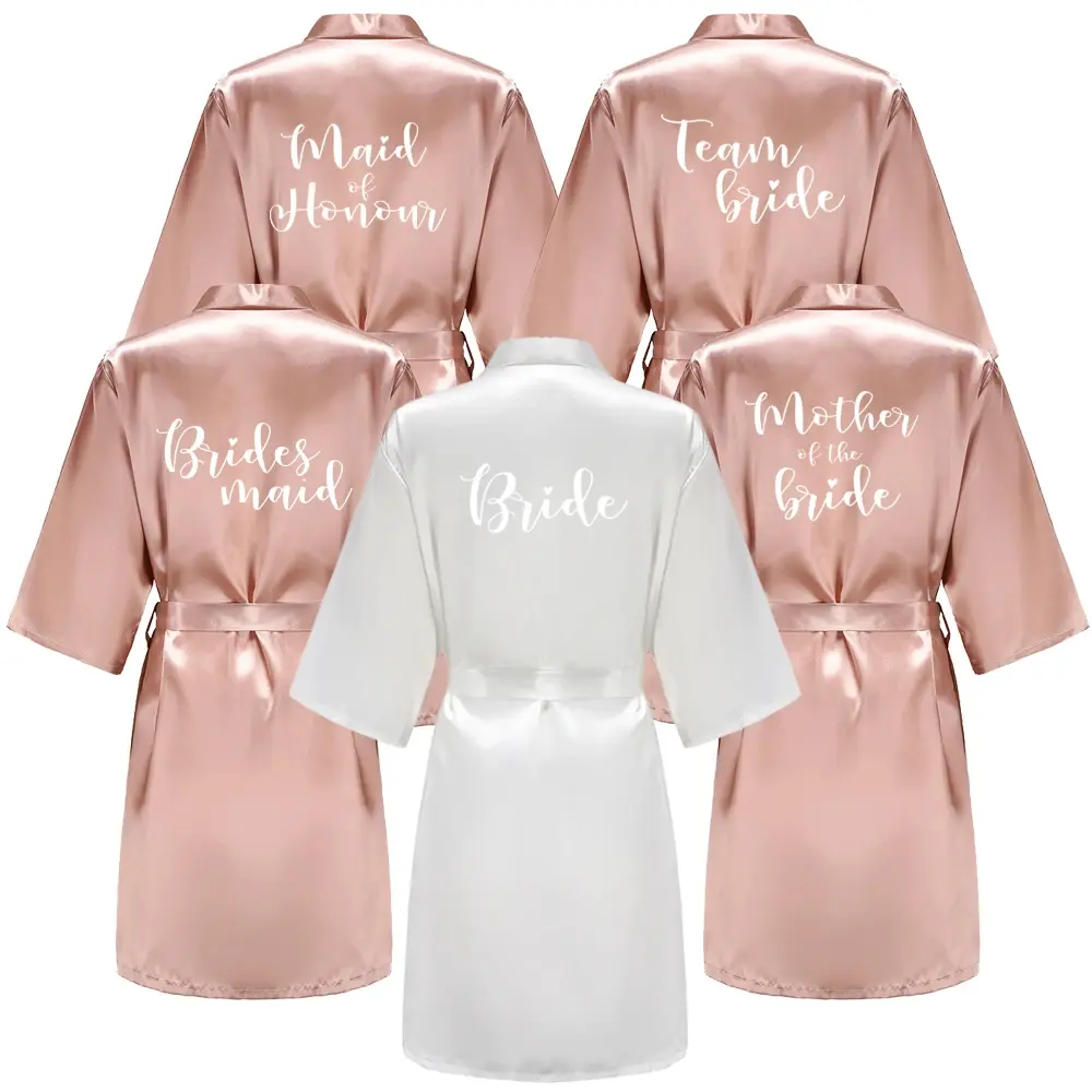 Women's Satin Kimono Robes With White Letter Bride Bridesmaid Short Getting Ready Wedding Dressing Gown