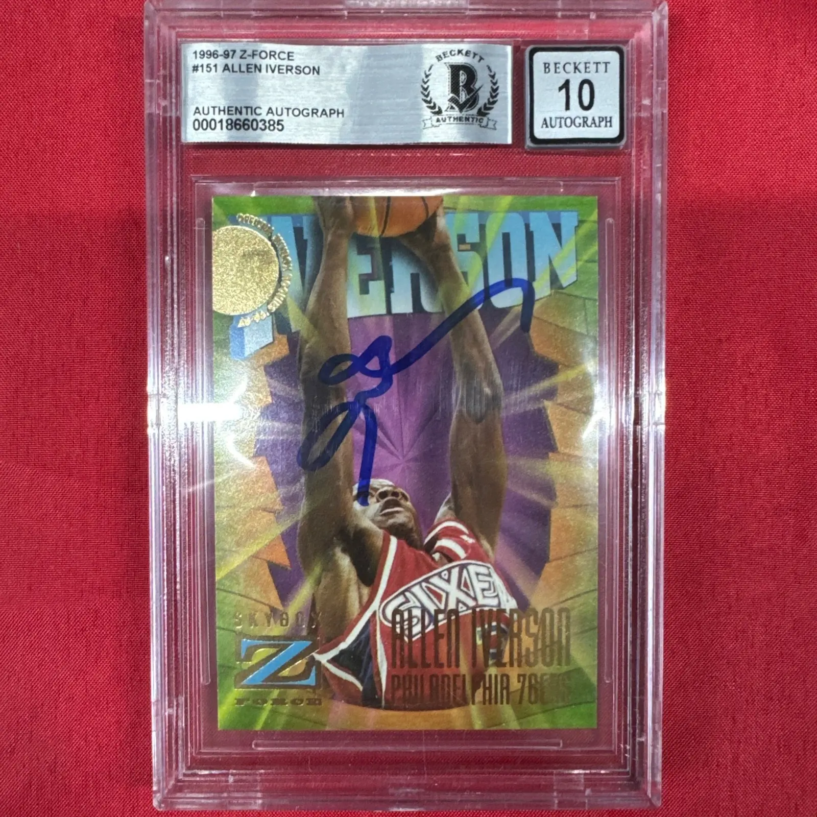 1996 Skybox Z Force - Allen Iverson - #151 Rookie On Card Authentic Auto Beckett Gem Mint 10 - Basketball Slab - 76'ers