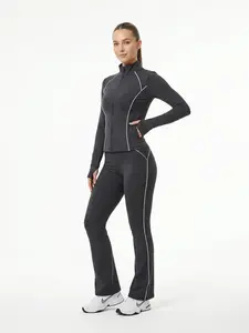 XELLE Women's 2 Piece Yoga Set - Slim Fit Full Zip Track Jacket & High Waisted Flare Yoga Pants, Retro Contrasting Piping Sweatsuit with Thumb Holes for Gym Workout & Activewear