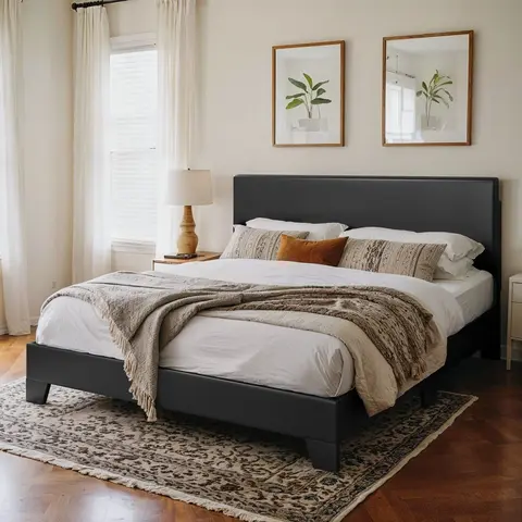 HOOMIC Upholstered Platform Bed Frame【Frame Only No Mattress】,Adjustable Headboard with Solid Wood Structure, Black/Light Grey/Dark Grey/Beige/White,No Box Spring Needed,Full/Queen/King