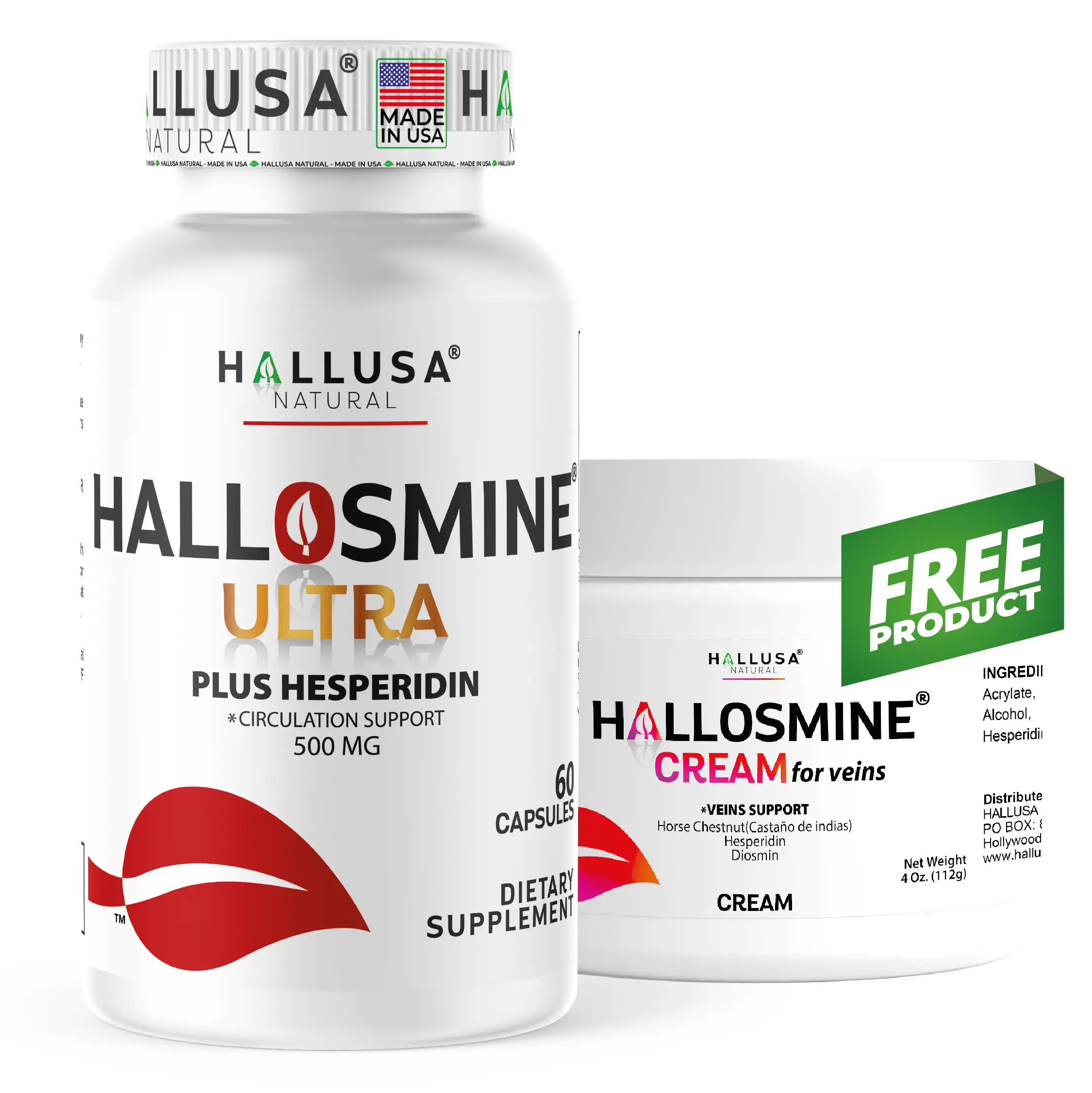 HALLUSA NATURAL HALLOSMINE ULTRA Herbal Vitamin Supplements for Adults, 500mg Diosmin & Hesperidin, Circulation & Vein Support, 60 Sugar-Free Gluten-Free GMP-Certified Capsules (150mg Per Serving, 30-Day Supply) with Complimentary Mint Cream Tool