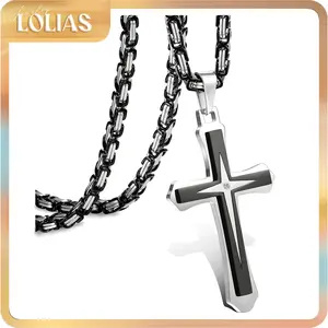 LOLIAS Black Gold Cross Necklace for Men Stainless Steel Byzantine Chain With Cross Pendant Necklace Men's Accessories  Mens Gift 22-30lnch