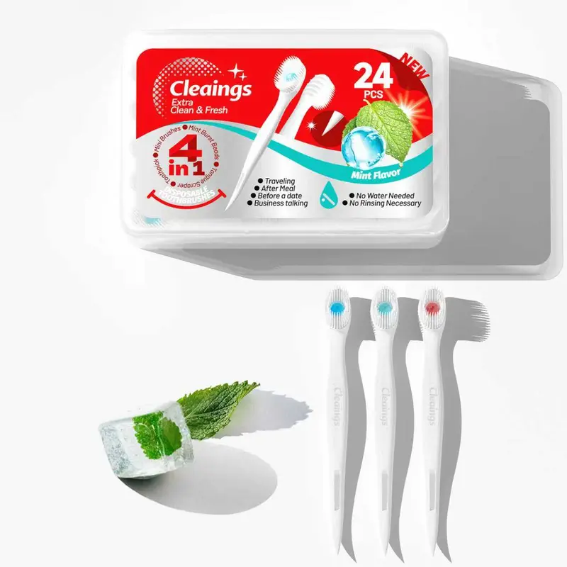 [Valentine's Day gift] Cleaings 4-in-1 Portable Mini Brushes Set with Toothpaste Toothbrush Toothpick & Tongue Scraper Mint Flavor 24Count Capsule Oral Care Solution Multi-Function