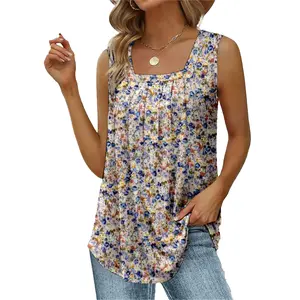Women Summer Sleeveless Casual Pleated Shirts Trendy Square Neck Tunics Dressy Flowy Tees