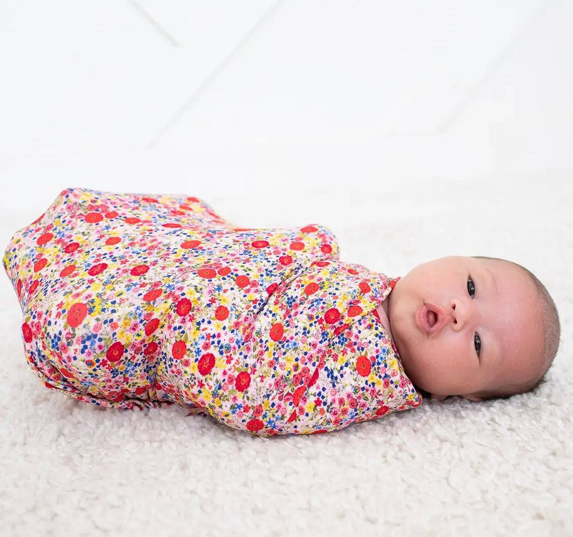 Blush Bloom Swaddle, Extra Large Super Soft Bamboo Stretch Baby Swaddle Blanket, Lightweight Year Round Multi Use (Swaddle, Stroller Cover, Nursing Cover), Blush Bloom Print, 45 x 45 in