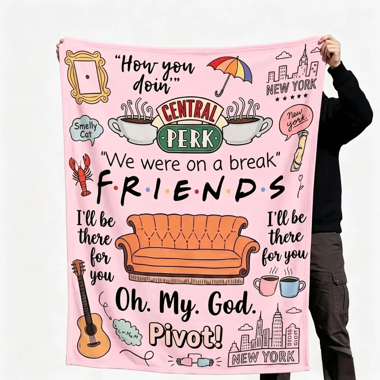 Friends Inspired Pink Flannel Throw Blanket Central Perk Quotes Print Colorful Iconic Design Soft Cozy for Sofa Living Room TV Watching Ideal Home Decor Gift