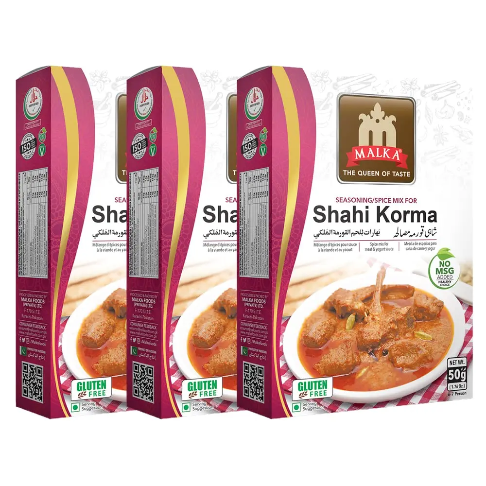 Malka Shahi Korma Recipe Mix 50g | 1.76 oz | Authentic Gourmet Spice Powder for Meat & Yogurt Sauce | No MSG Added, Vegan, Non-GMO, Gluten Free & Halal | Pack of 3