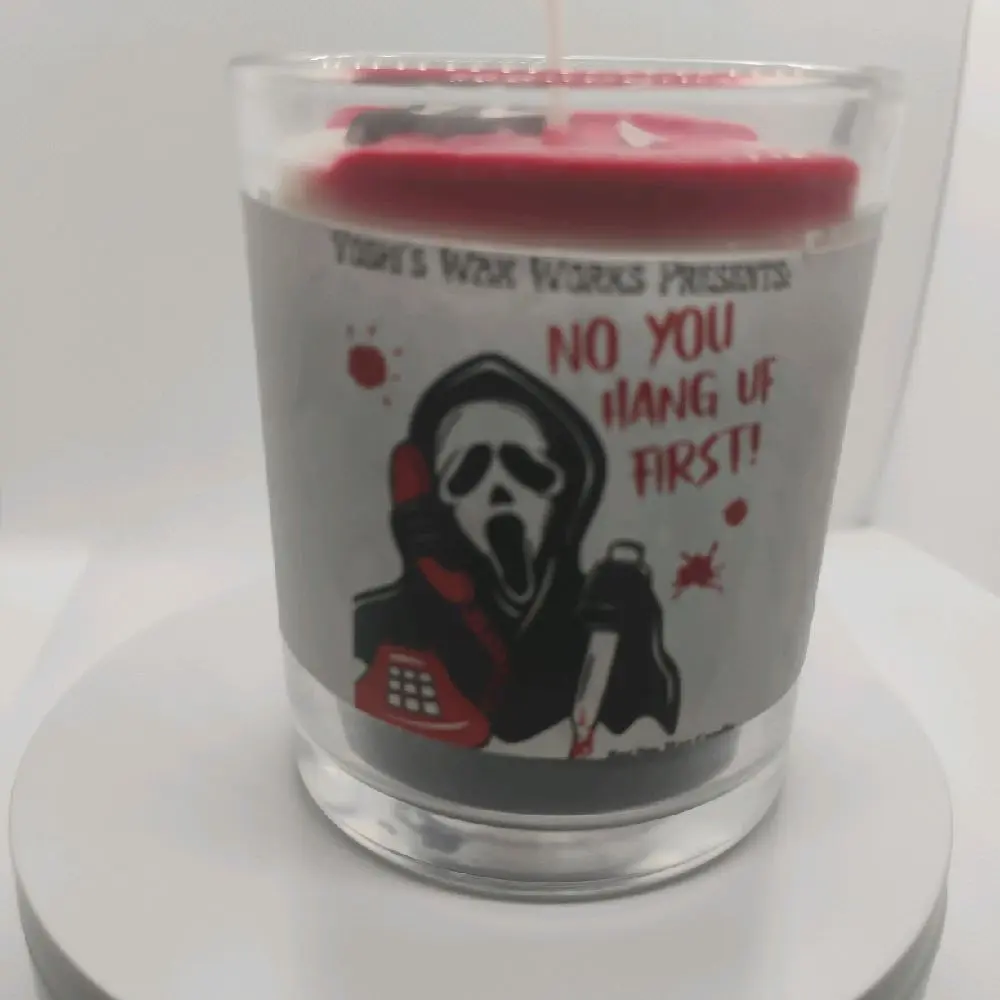 Yoshi's Wax Works Ghostface Inspired Horror Decor Candle with Red Lid and Scream Design