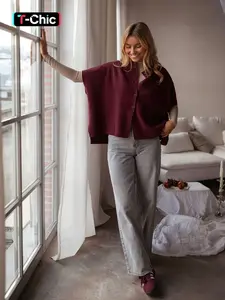 Women's Stand Collar Wine Single Button Batwing Sleeve Loose Fit Casual Knit Cardigan, New Year & Valentine's Day Essential