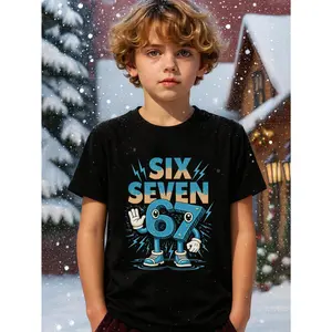 Young Boy's Cartoon Number SIX SEVEN 67 Meme Fun Funny Christmas 67 Meme Fun Graphic Cotton T-Shirt For Young Boys, Black Christmas Family Gift Shirts For Christmas Holiday Fun Young Boys T-Shirt - Cartoon Number Graphic, Summer Kids Funny 67 Meme SIX SEV