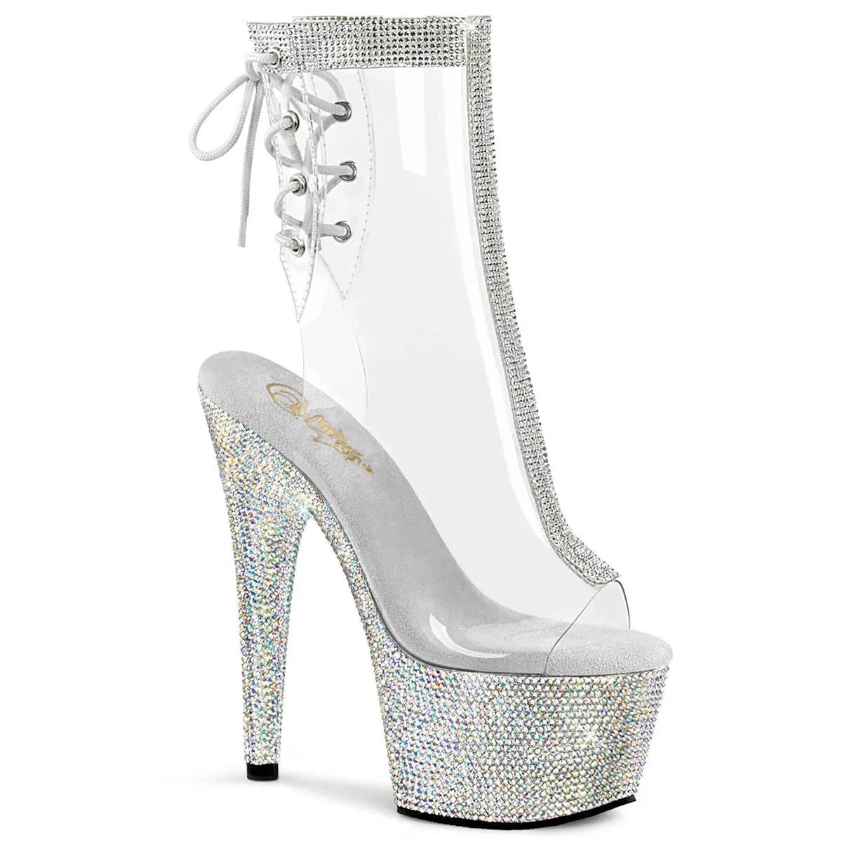 Women's Open Toe and Heel Ankle Boots with Silver Rhinestones, Transparent 7 In High Heel, 2.75-in Platform, Boot, Footwear, Elegant, Stylish, Heeled, Fashion, High Heels