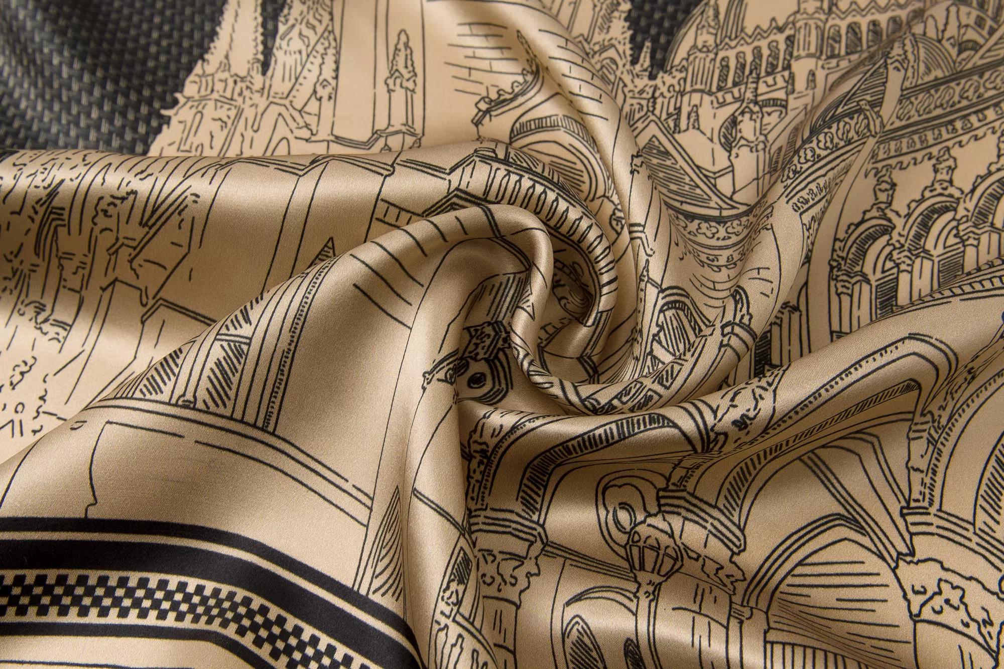 Retro Black & Gold Mulberry Silk Crepe Satin Headscarf with Geometric Print, Sun Protection, Multi-Purpose Women’s Scarf  long night scarf