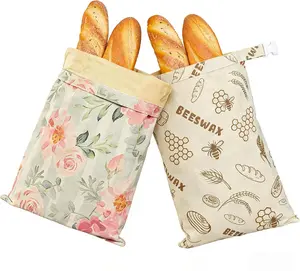 2Pack Beeswax Bread Bags, Reusable Food Storage Wraps with Floral and Bee Print Design,for Sourdough Homemade Bread,Cotton Linen Material Storage Bag,Easy Cleaning(Flower)