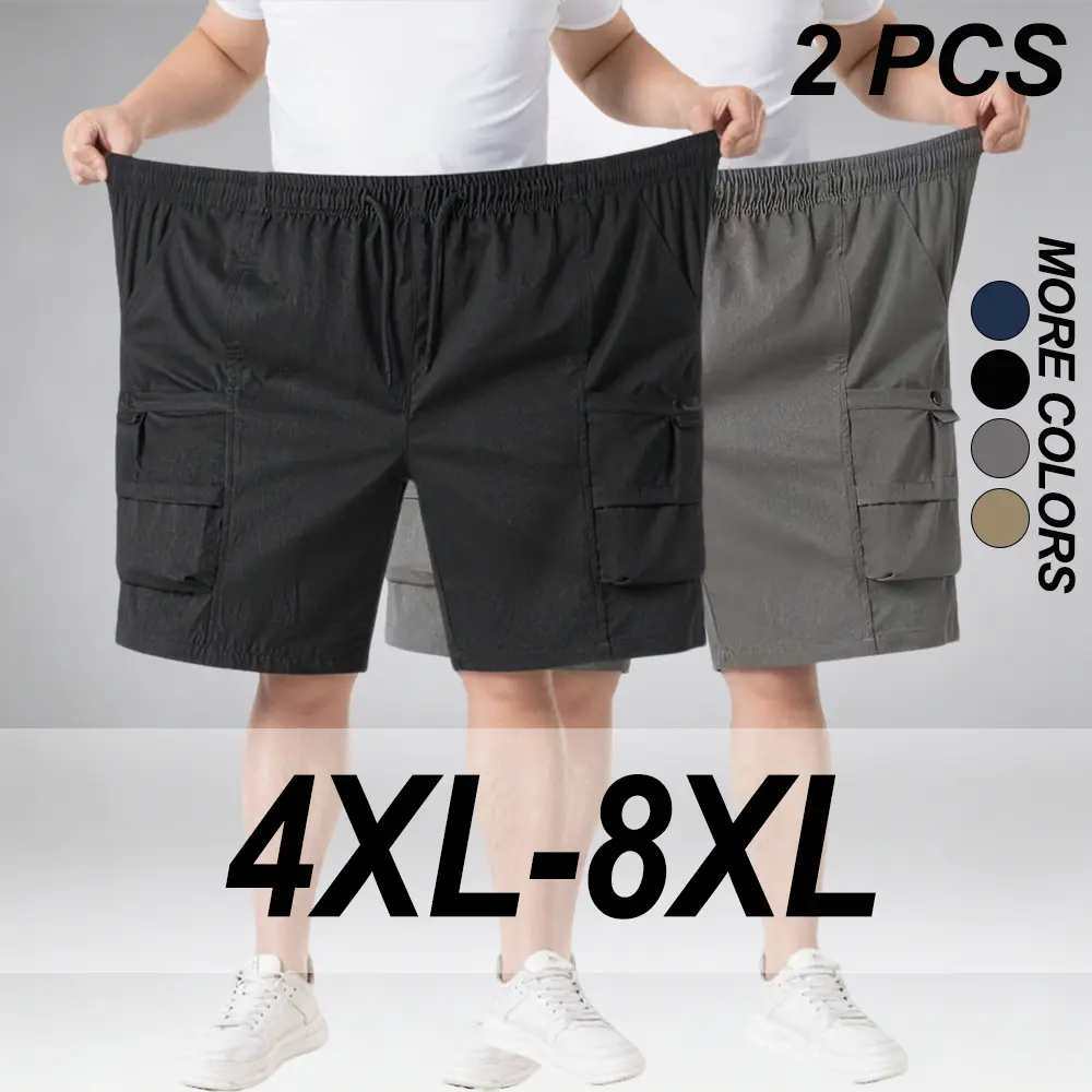 4XL–8XL Men’s Summer Oversized Breathable Cargo Shorts, multiple pockets combining practicality and style, adjustable elastic waistband with drawstring, suitable for everyday outings, commuting, and home leisure.