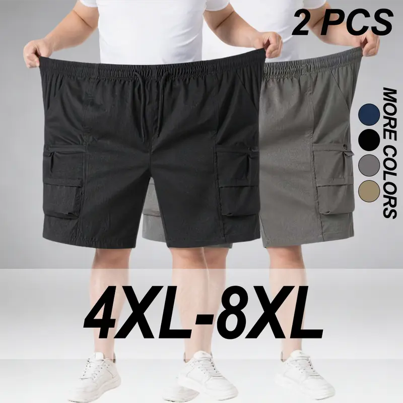 4XL–8XL Men’s Summer Oversized Breathable Cargo Shorts, multiple pockets combining practicality and style, adjustable elastic waistband with drawstring, suitable for everyday outings, commuting, and home leisure.