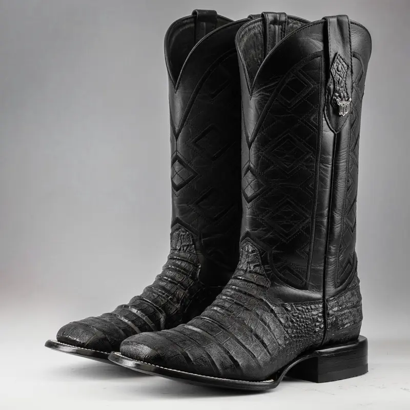 Black Caiman Belly Print Leather Boots - Square Toe