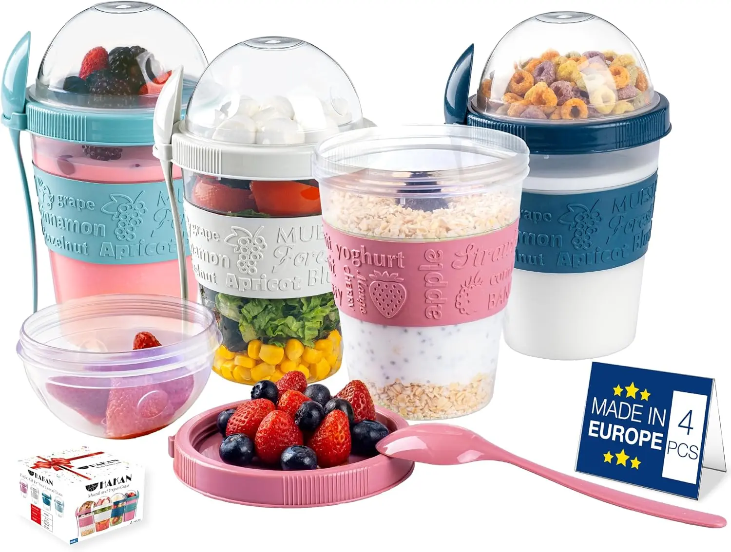 Hakan 4-Pack 20 oz Overnight Oats Containers with Lid & Spoons - BPA-Free Reusable Plastic Cups with Topping Dome, Ideal for Yogurt Parfaits, Cereal, Fruit - Large To-Go Breakfast Jars for Work