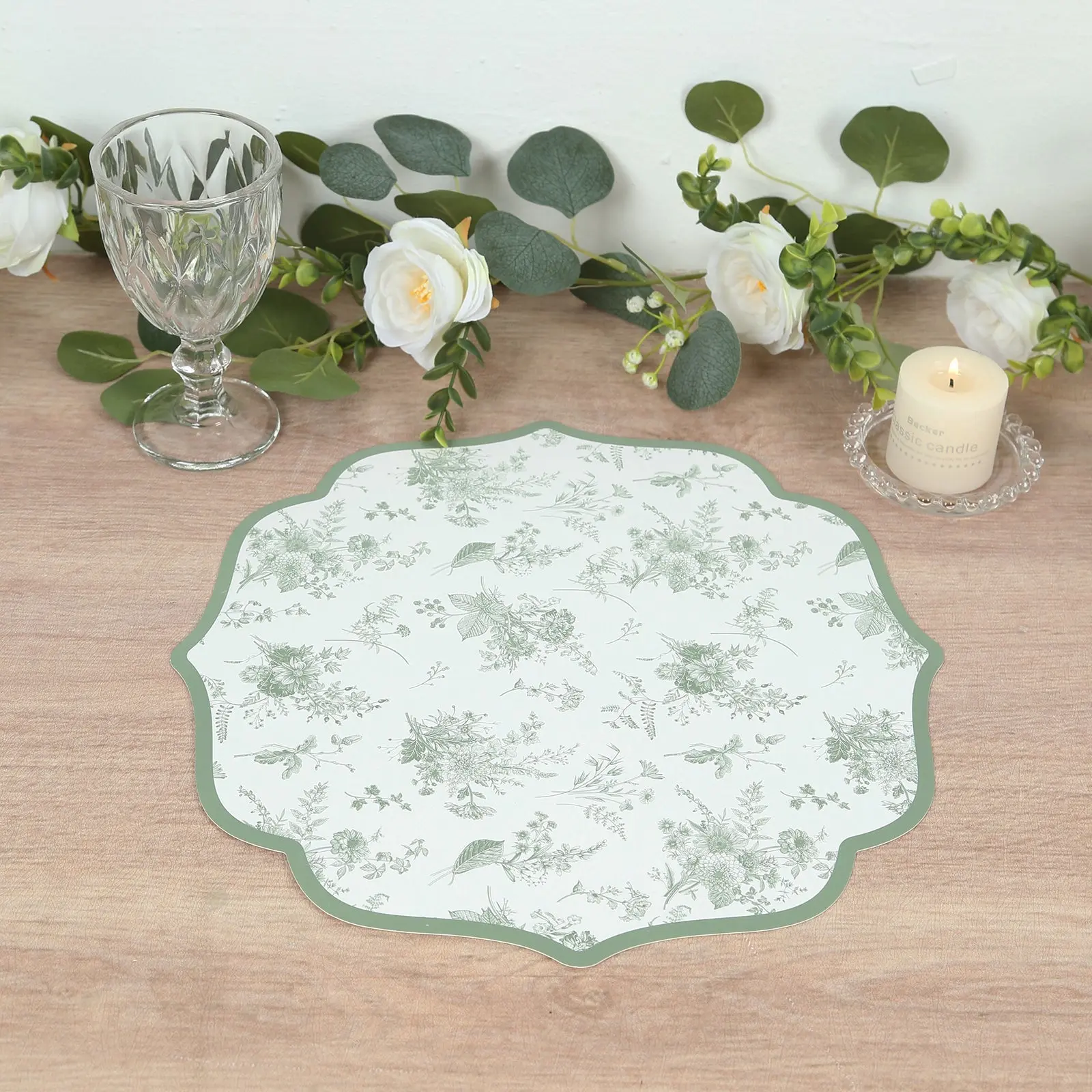 10-Pack Disposable Tableware Placemats - 13" White with Sage Green French Toile Pattern, Scalloped Rim, 400GSM Cardboard for Classy Events