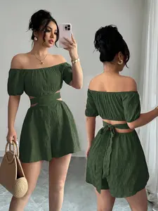 MOM Dark Green Summer Sexy Chic Vacation Off The Shoulder Bow Back Textured Fabric Wide-Leg Romper High-Waisted Adjustable Straps Jumpsuit