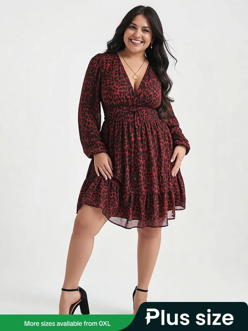 【Plus Size】 Leopard Print V Neck Dress, Elegant Fashion Casual Long Sleeve Dress for Daily Outdoor Wear, Women Plus Clothing for Summer, Elegant Ruffle Hem, Womenswear