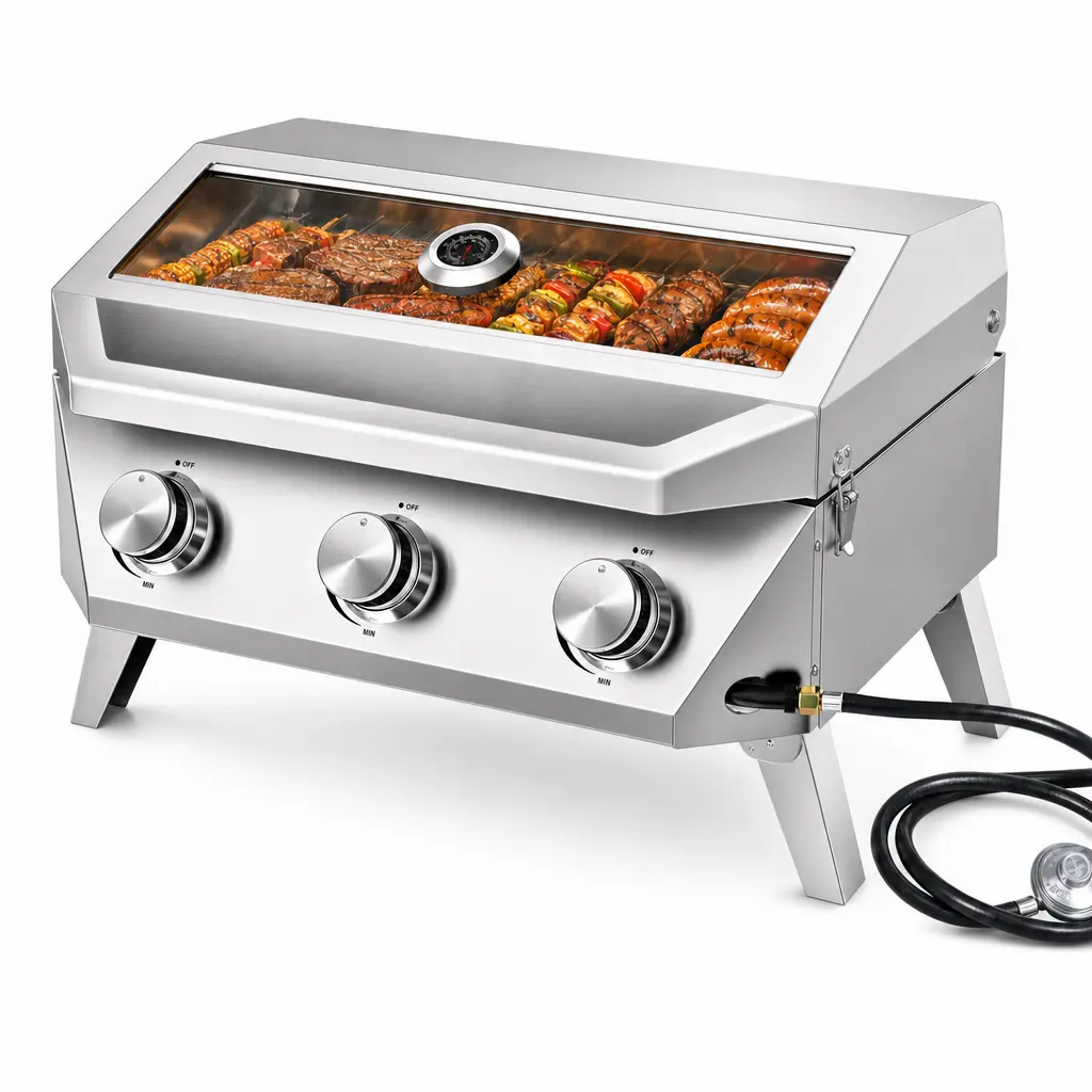 Bestfire Portable Gas Grill, 3-Burner Stainless Steel Tabletop BBQ Pit with Viewing Glass, 30,000 BTU Instant Ignite for Outdoor Camping & Tailgates, Outdoor Cooking Equipment picnic cooker, Cooking Bbq Camping, Thermometer