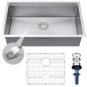 32-Inch Stainless Steel Kitchen Sink, Undermount Single Bowl, Handmade Sink with Accessories, 304ss, R10, 114mm Strainer Hole, Satin Finish