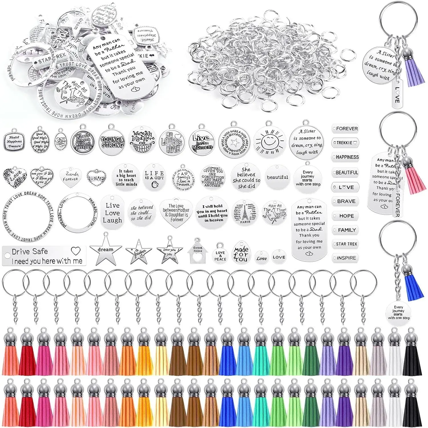 350 count Motivational  Accessories Set with 50 Engraved Inspirational Words Charms, 50 Leather  Tassels, 50 Keyring with Chain, 200 Open Jump Rings for  Making, DIY Crafting