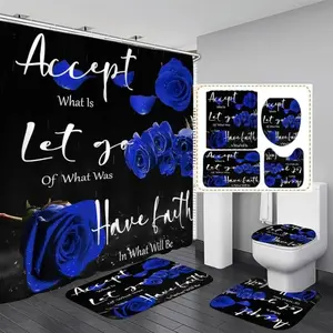 Blue Rose 4 Count Shower Curtain Set with Rugs, Toilet Lid Cover & Bath Mat, Non-Slip Rugs, Valentine's Day Bathroom Set - Flannel