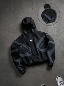 Men's Baseball Jacket High Street Patchwork Print Windproof Coat, Fashion College Style Long Sleeve Outerwear for All Seasons