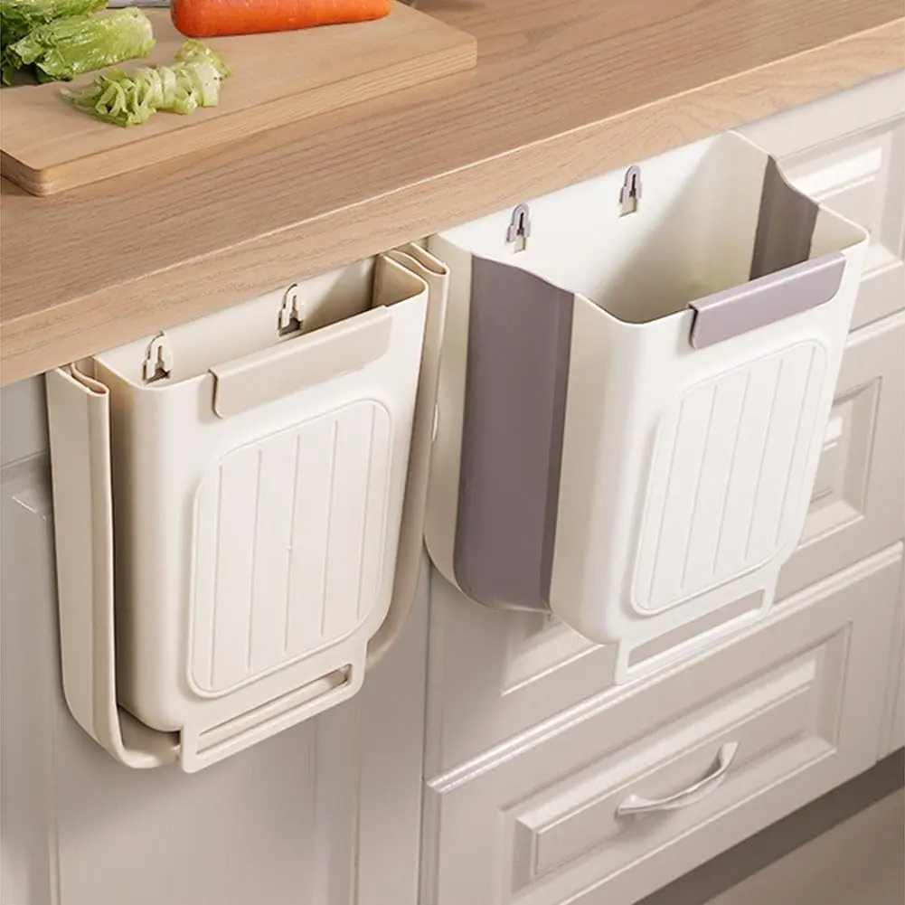 11L Foldable Hanging Kitchen Trash Can - Wall-Mounted Plastic Waste Bin for Cabinet Doors, Space-Saving Home Supply for Kitchen & Bathroom
