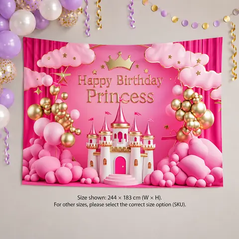 1pc 2D Flat Print Banner, Pink and Gold Princess Birthday Party Decoration, Fairytale Castle Crown Clouds and Balloon Design, Polyester Wall Hanging for Birthday Celebrations