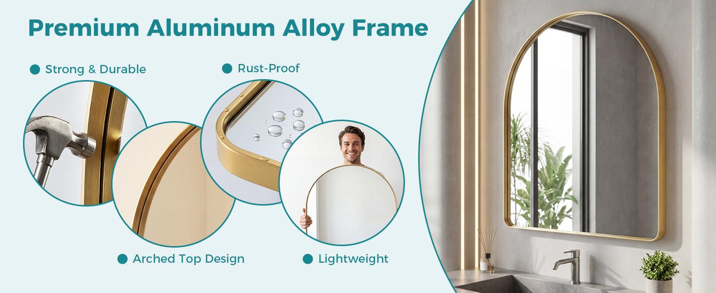 Luxury Arched Bathroom Mirror - Arch Wall Mirror with Shatterproof Tempered Glass and Metal Deep Frame, Hanging or Leaning for Living Room, Dresser, Entrance and Hallway Luxury Arched Bathroom Mirror - Arch Wall Mirror with Shatterproof Tempered Glass and Metal Deep Frame, Hanging or Leaning for Living Room, Dresser, Entrance and Hallway