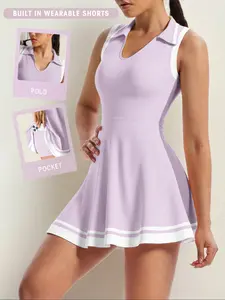 Women's Yoga Sport Casual Dress, Active Dress, Tennis Athletic Dress, Tennis Sports Dress, Slim Fit Fitness Running Exercise Sleeveless Polo Neck Skirt, Comfortable Commute Outdoor Sexy Pocket Shorts