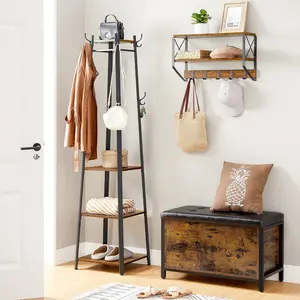 Coat Rack with 3 Shelves – Industrial Style Stand with Hooks for Scarves, Bags, and Umbrellas; Steel Frame in Rustic Brown and Black