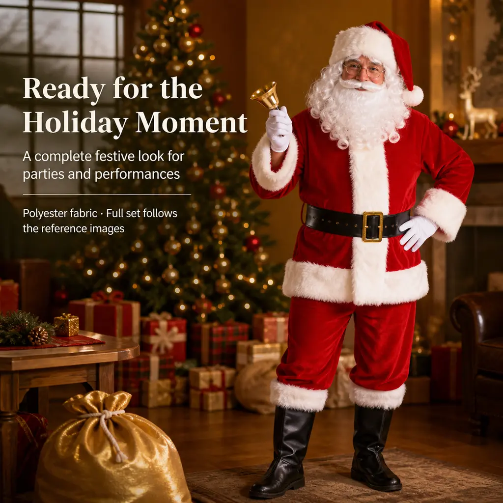 Men's Complete Santa Claus Cosplay Costume Set - Polyester Classic Red-White Christmas Outfit with Hat, Beard, Wig, Belt, Bag, Glasses, Bell, Gloves, Boot Covers for Holiday Party, Stage Performance Menswear Soft
