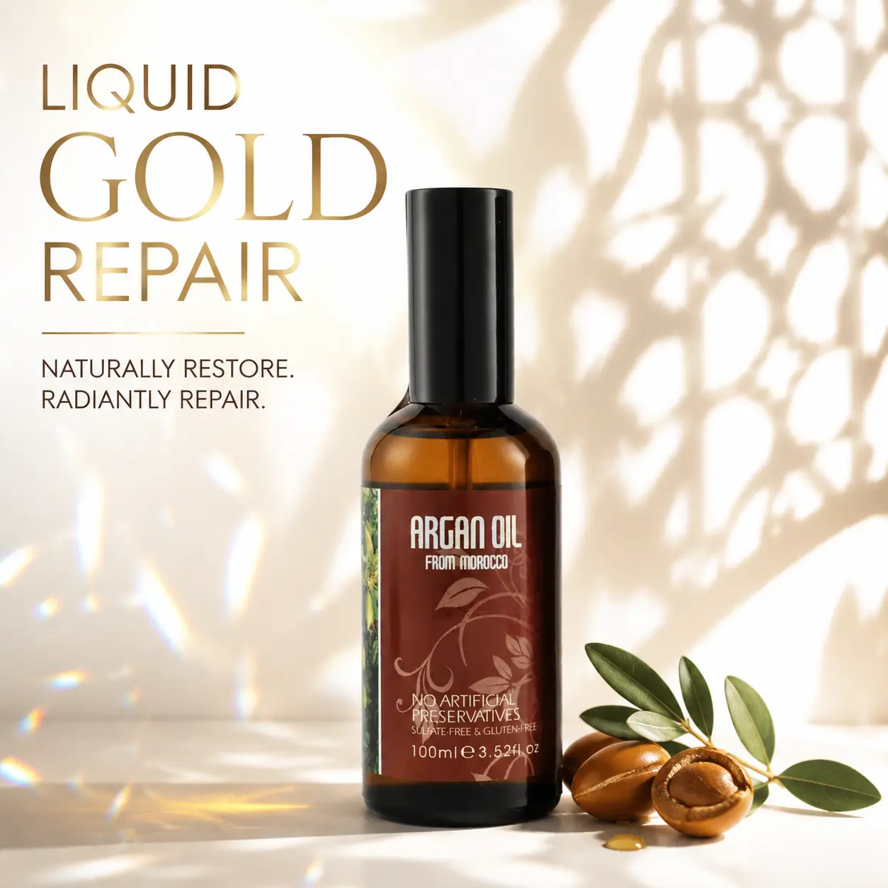 Pure Argan Oil from Morocco (100ml/3.52 fl.oz) — Premium Hair Serum for Instant Frizz Control & Mirror Shine | Infused with Jojoba & Vitamin E | Deep Repair for Dry Damaged Hair | Non-Greasy Heat Protectant
