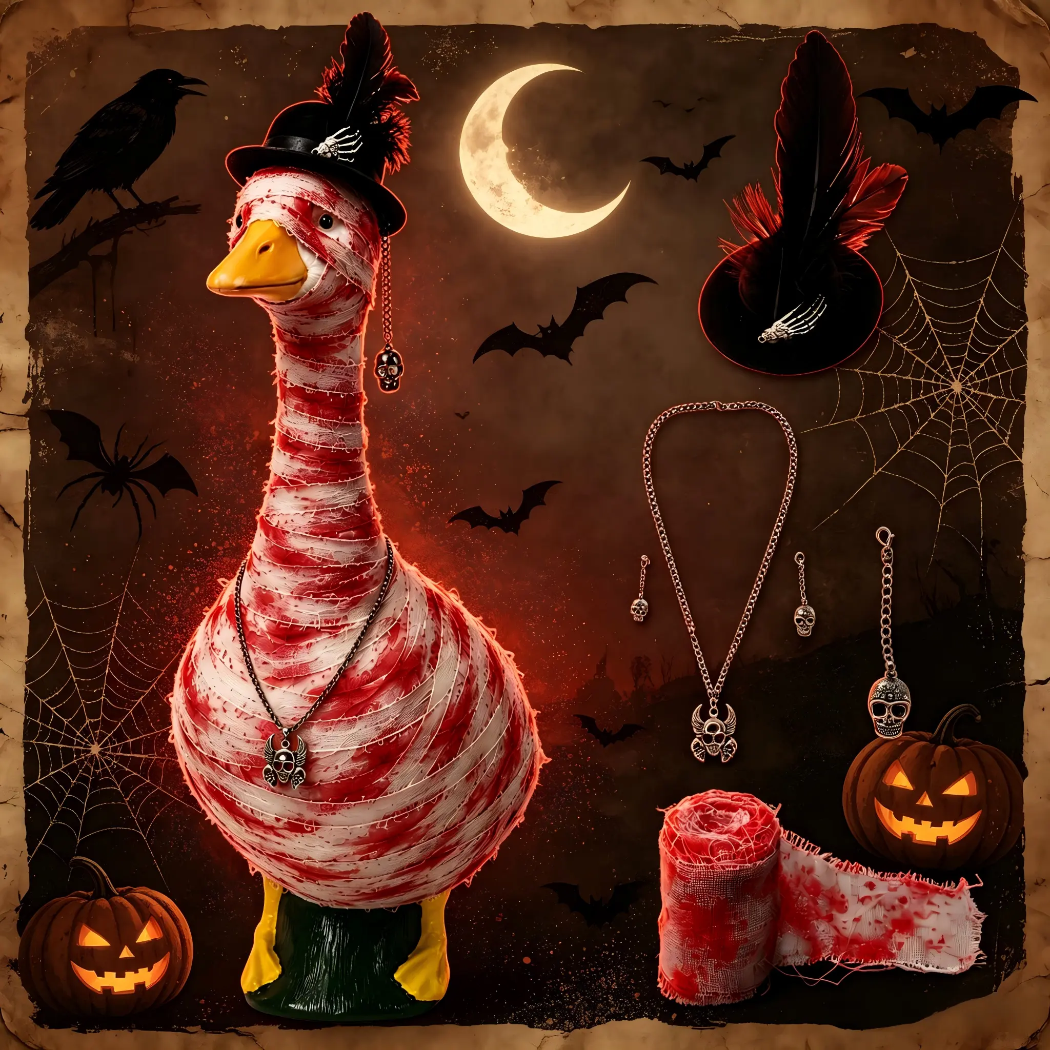 23-in Halloween Scary Porch Goose Mummy Costume Set, Lightweight Bloody Bandage Gauze, Feather Top Hat, Skull Pendant Necklace, Strap, Anti-Rust Metal Hand Accessory, Gothic Outdoor Garden Statue Decoration Gift
