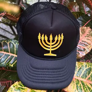 Hanukkah trucker hat - menorah - black with gold candles