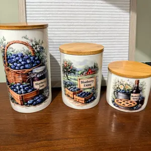 Blueberry Farm Ceramic Canister Set | Farmhouse Kitchen Storage Jars with Bamboo Lids, Handmade Watercolor Designs, Perfect for Coffee, Sugar, Flour, Cookies & Kitchen Essentials