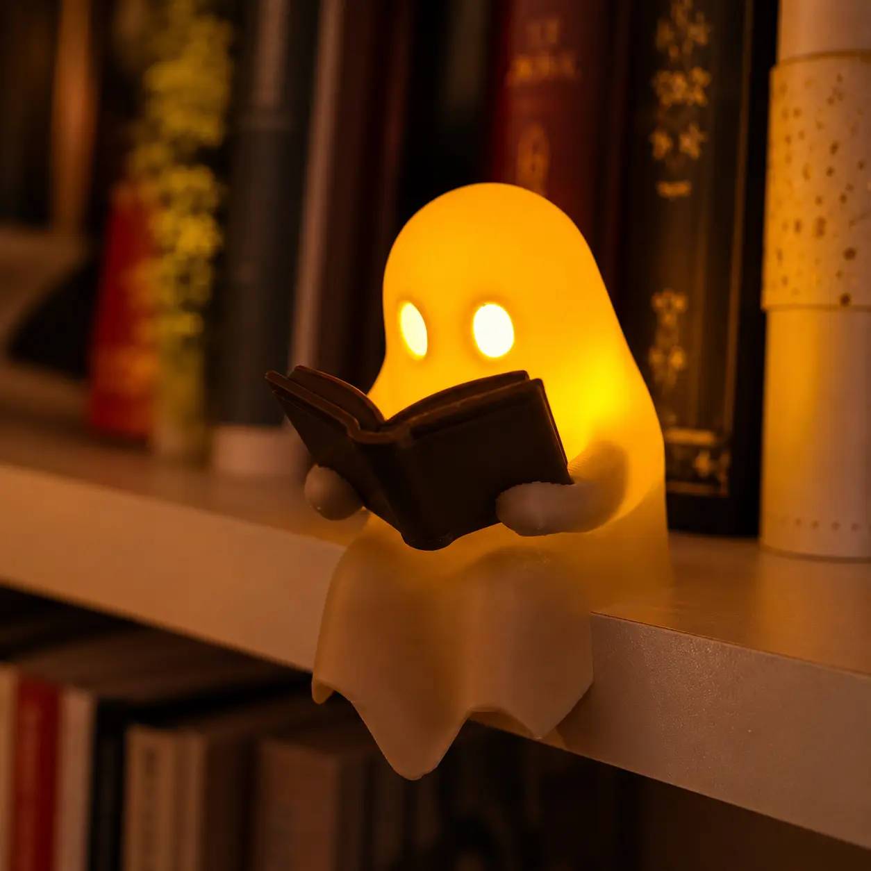 Reading Ghost Shelf Decor with Open Book, Cute Glowing Halloween Figurine for Bookshelf Desk Reading Nook, Cozy Spooky Home Ornament Gift for Book Lovers