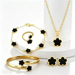 2026 Lucky Flower Design Fashion Jewelry Set for Women - 6Pcs Gold Plated Necklace Earrings Bracelet Bangle Ring, Elegant Vintage Floral Trendy All-match Matching & Exquisite Jewelry Accessories Gift for Birthday Valentine's Day Women & Girls Party Daily