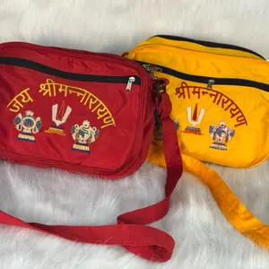 Hindu Jay Shree Ma Narayan Bag - Red & Yellow, Traditional Design, Adjustable Strap, Ideal for Hindu Religion Use