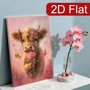 2D Flat Single Sheet 2D Flat Wooden Frame Highland Cow with Roses and Butterflies Wall Art Canvas Print| Macaron Pink Animal Portrait, Perfect for Bedroom, Office or Cafe Decoration, Ideal Valentine's Day Gift, Sweet and Romantic Home Decor