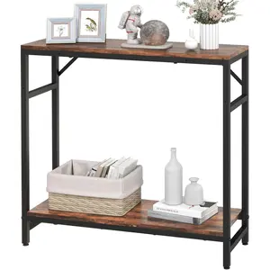 Narrow Console Table, Small Entryway Table with 2 Support Bar, 2 Tier Sofa Table, 29.5" Thin Couch Table, Display Table, Side Table for Living Room, Hallway, Bedroom, Rustic Brown