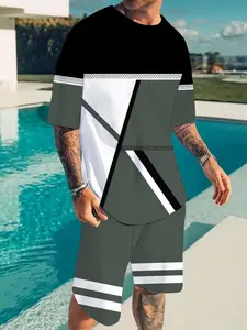 Men's Casual Fitted Fashion Set, Short Sleeve Top & Shorts Combo, Grass Colorblock Letter Pattern, Perfect for Travel