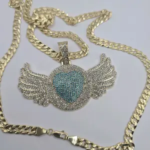 Love Wings multi-stones gold-plated necklace Cuban link style 30"inches longer size big pendant exquisite jewelry