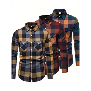 Men's Plaid Lapel Long Sleeve Shirt - Casual Button Up Outdoor Top |     3PCS Brand Streetwear |     Classic Checkered Design shortsleeve menswear gift gym Breathable Linen Mandarin Shirt casual wear clothing